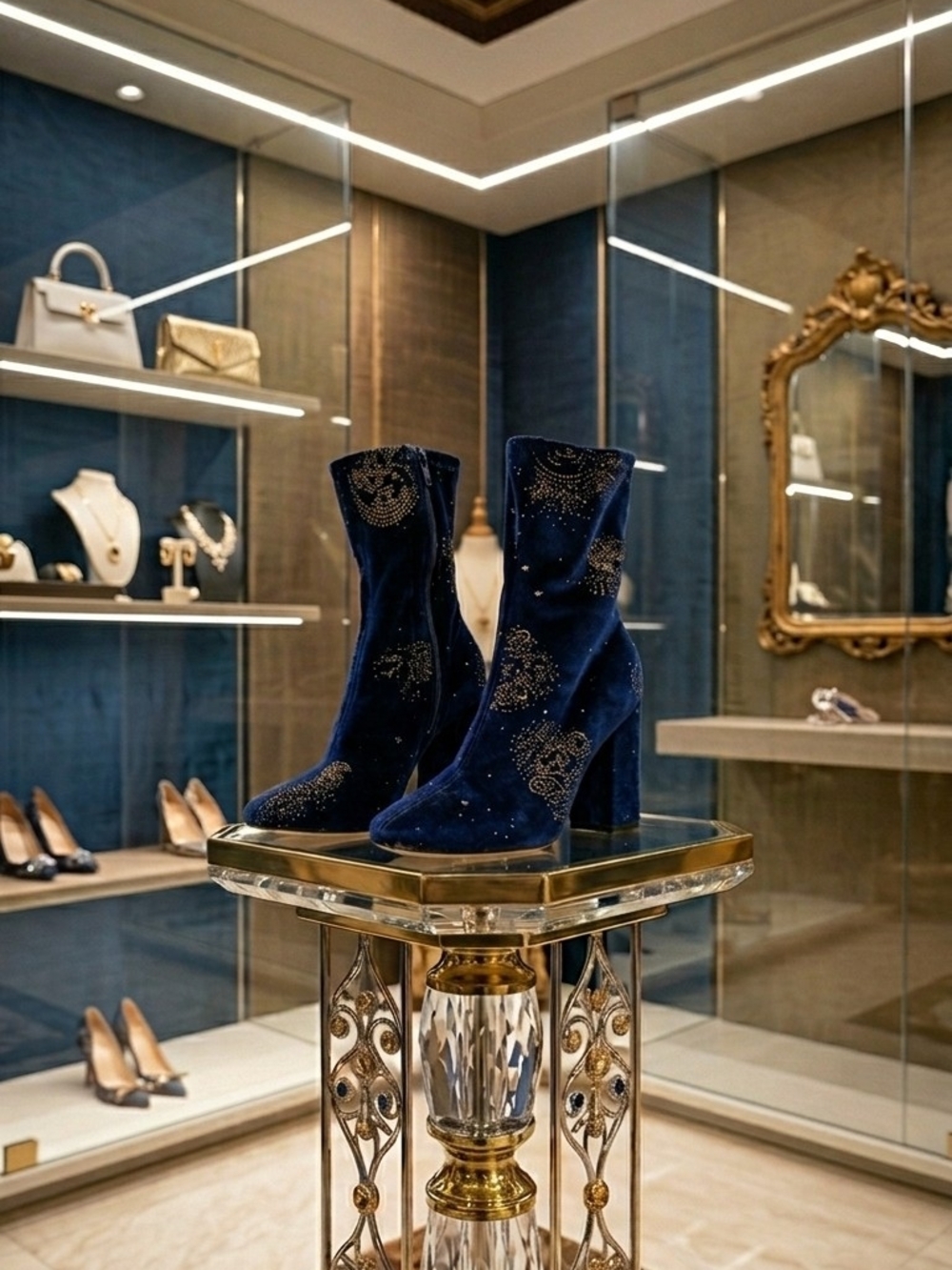 Urban Outfitters Navy Velvet Embellished Block Heel Ankle Boots